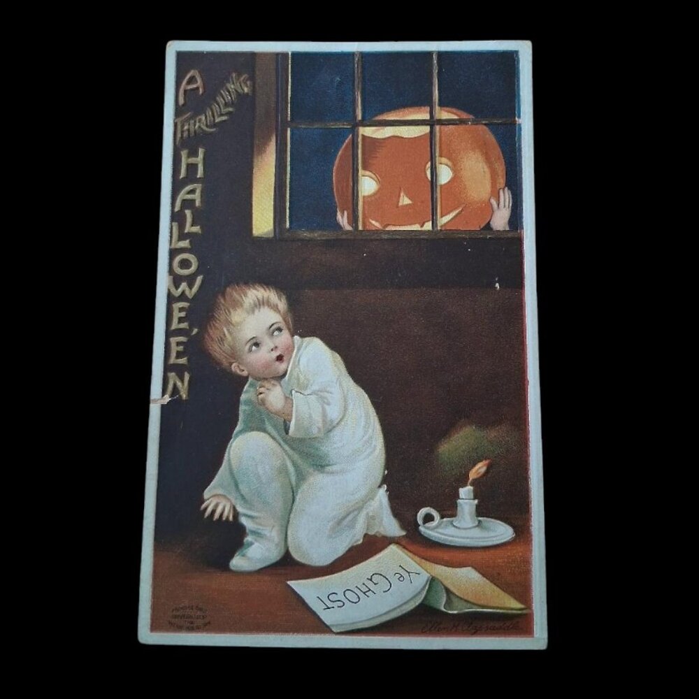 RARE 1910 Artist Ellen Clapsaddle Antique Postcard A Thrilling Halloween